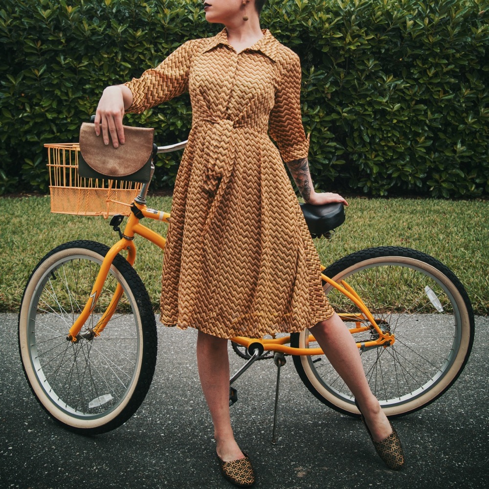Sheer Yellow Chevron Dress with Pockets